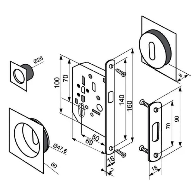 Morelli - Комплект c замком Morelli MHS-2 L AB для раздвижных дверей бронза